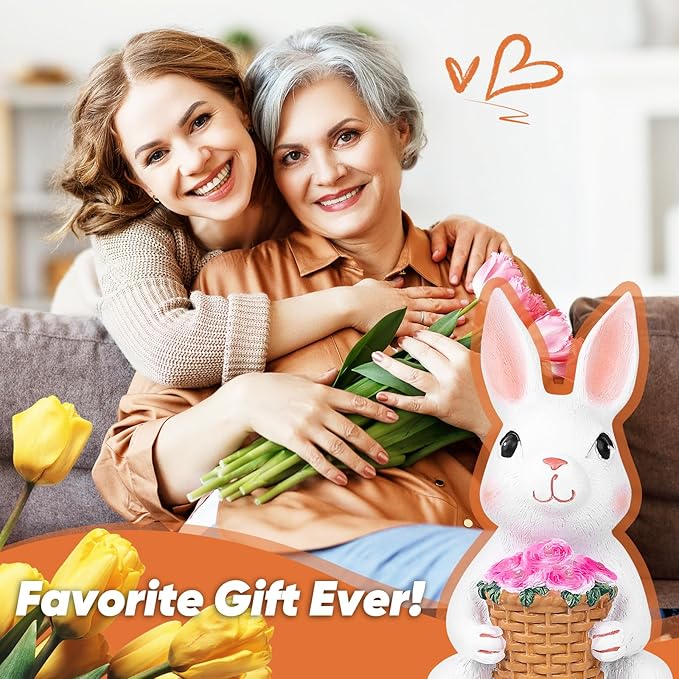 Brightever Solar Powered Garden Statues- Bunny Figurines for Spring & Mother's Day, Outdoor Rabbit Statue with Colorful LED Lights for Patio, Balcony, Lawn, Birthday Gifts for Women, Mom, Female