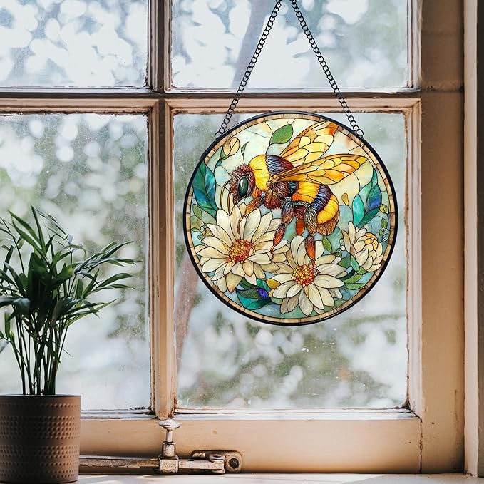 Vintage Bee Wildflowers Stained Glass Window Hanging Suncatchers, Honey Bee Sun Catchers Indoor Window Glass Wall Art Decor Sculptures, Daisy Garden Wall Hanging Decor Sculptures, 7.9x7.9in