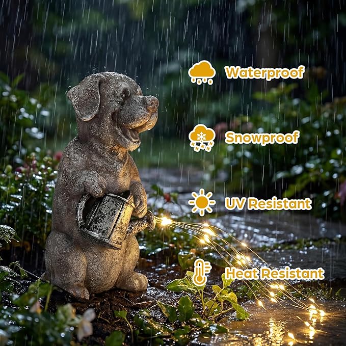 Lavezee Garden Dog Statue with String Lights, Puppy Garden Statue Outdoor for Patio Lawn Porch Walkway, Ideal Gifts for Dog Lovers Women Mom Grandma