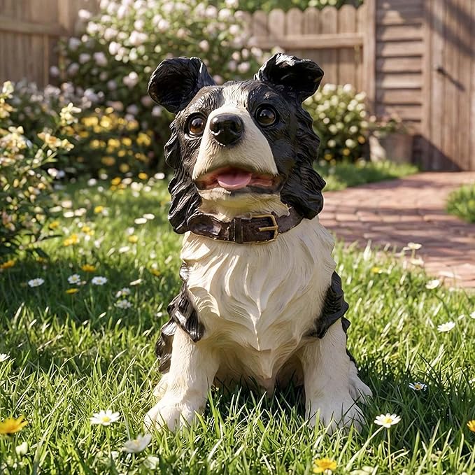 Real Border Collie Garden Statue - Resin Realistic Dog Sculpture, Pet Loss Memorial Stone, for Dog Lovers, Indoor/Outdoor Decor, Animal Figurine for Yard Ornaments