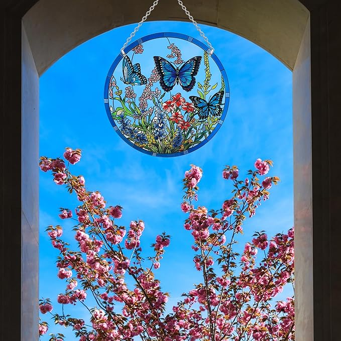 Butterfly Stained Glass Suncatcher, 8.6 inch Large Sun Catchers with Hook and Chain, Blue Butterfly Decorations Gifts for Women
