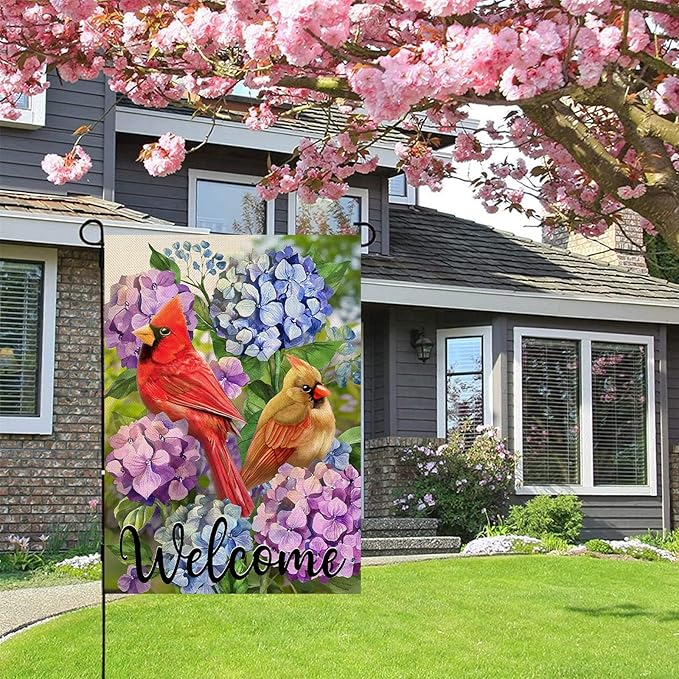 Artofy Welcome Summer Cardinal Red Birds Home Decorative Garden Flag, Yard Hydrangea Flowers Outside Decor, Spring Floral Outdoor Small Burlap Decoration Double Sided 12 x 18