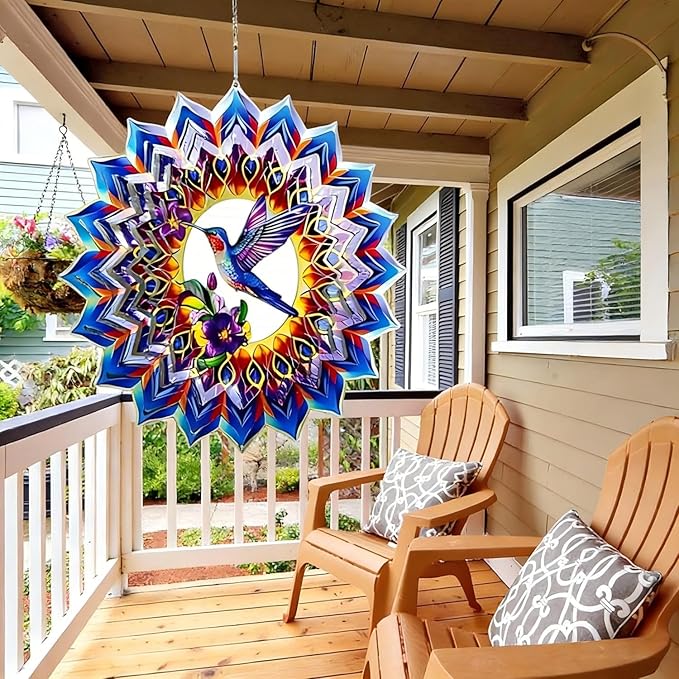 Hummingbird Metal Wind Spinner, 9 Inch Hanging Garden Decor for Patio, Porch, Balcony or Yard, Colorful Hummingbird Gift for Women, Mom, Grandma or Wife