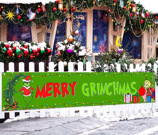 Nepnuser Green Christmas Fence Banner Winter Holiday Party Decoration Xmas Large Home Garden Outdoor Yard Hanging Sign Decor-1.6 * 8.2ft (Green-A)