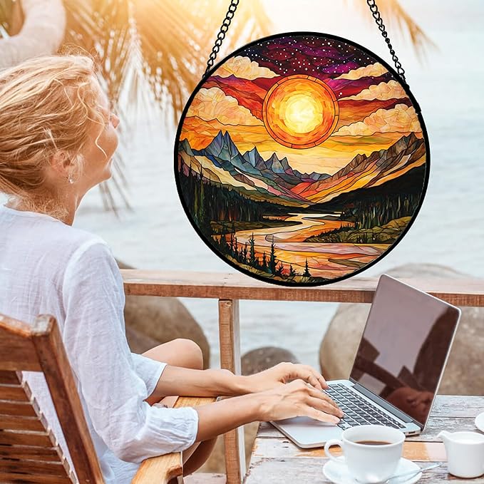 DASTOLL Stained Glass Window Hanging, Dusk Sunset Landscape Sun Catchers Glass Panel Lakes and Mountains Suncatcher Decor for Birthday for Women, Men, Wife, Aunt, and Mom 14.9 in