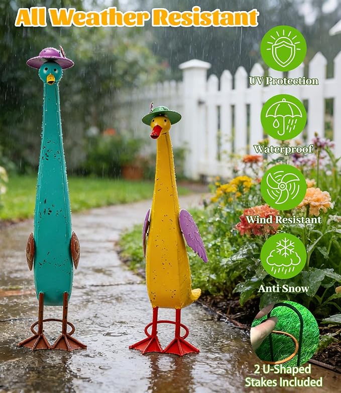 22" Duck Garden Statue Set of 2 Metal Ducks, Duck Outdoor Decor with Stakes Animal Yard Art Sculptures for Patio Porch Lawn Backyard