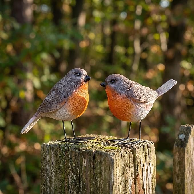 2Pcs Realistic Robin Figurines Ornaments Resin Bird Statues with Sturdy Metal Feet Small Animal Sculpture Decoration for Garden Patio, Outdoor Shelf, Miniature Scene & Yard Art, Gift for Nature Lovers