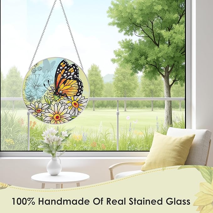 Stained Glass Butterfly Suncatcher Window Hanging Ornament for Home and Garden Decor 100% Real Glass with Elegant Butterfly Design Gift for Mom and Nature Lovers