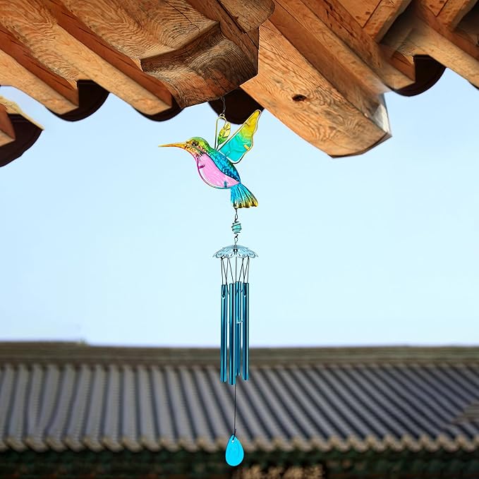 35" Blue Hummingbird Wind Chimes, Indoor Outdoor Glass Painted Mobile Chime for Patio, Balcony, Garden, Yard, or Home Window Decoration, Lifelike Stained Metal Style with Deep Tone Music, Lawn Hanging