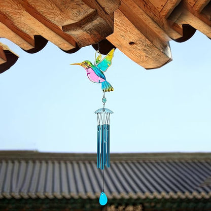 35" Blue Hummingbird Wind Chimes, Indoor Outdoor Glass Painted Mobile Chime for Patio, Balcony, Garden, Yard, or Home Window Decoration, Lifelike Stained Metal Style with Deep Tone Music, Lawn Hanging