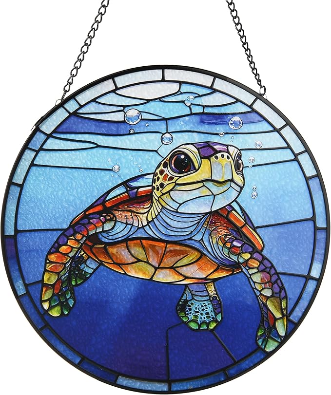 Stained Glass Window Hanging, Big Eyed Turtle Circular Painted Glass Suncatcher with Chain & Suction Cup for Home Garden Door Decor, Birthday for Women Men Mom 7.8 in