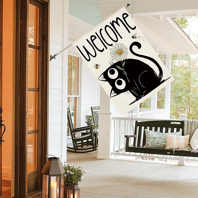 AVOIN colorlife Black Cat Spring Summer House Flag 28x40 Inch Double Sided Outside, Seasonal Daisy Welcome Yard Outdoor Flag