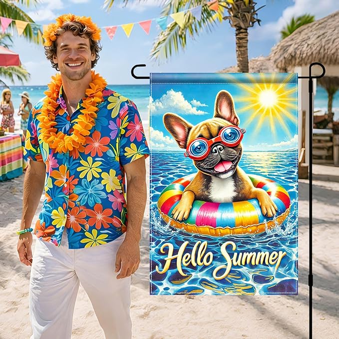 HOMETITUTE Hello Summer Garden Flag French Bulldog 12x18 Vertical Double Sided Pool Party Welcome Summer Yard Garden Flag Seasonal Holiday Outdoor Decorative Flag for Patio Lawn