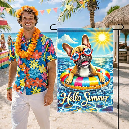 HOMETITUTE Hello Summer Garden Flag French Bulldog 12x18 Vertical Double Sided Pool Party Welcome Summer Yard Garden Flag Seasonal Holiday Outdoor Decorative Flag for Patio Lawn