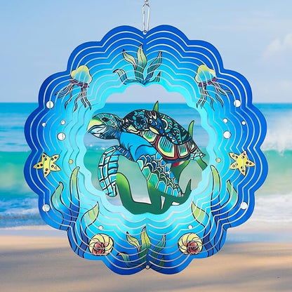 Wind Spinner Mandala 12 inch 3D Stainless Steel Laser Cut Metal Art Geometric Pattern Hanging Wind Spinner (sea Turtle)