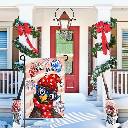 Happy New Year Chicken Garden Flag Funny Rooster with Glasses Balloons & Fireworks Yard Flags Holiday Cute Cock House Banners Decoration for Outdoor Lawn or Porch 12x18 Inch