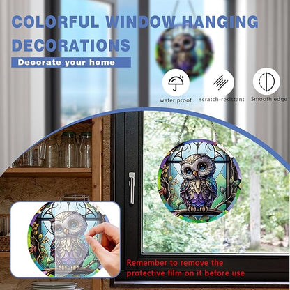 Owl Acrylic Window Hanging,Stained Window Hanging Decor Colorful Ornament,Stained Two-Sided Panel Hangings Decoration,Acrylic Suncatcher for Garden Kitchen Living Room