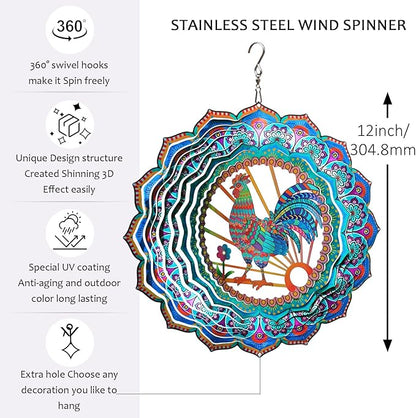 Aoedelyart Rooster Wind Spinner for Yard and Garden,12in Wind Spinners Outdoor Rooster Gifts,Chicken Gifts for Women Mother Grandma Wife Men Father,Garden Decor Metal Hanging Yard Art Wind Sculpture