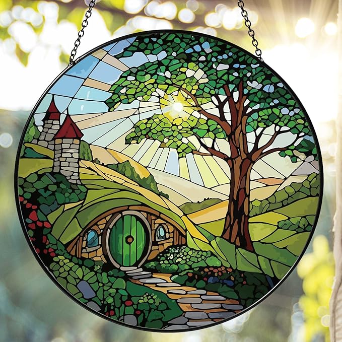 Shire Sun Catcher 7.87'' Stained Glass Window Hanging Gifts for Countryside Lover Women Scenery Wall Decor Handmade Sun Catcher Decoration for Home Garden Housewarming Gifts