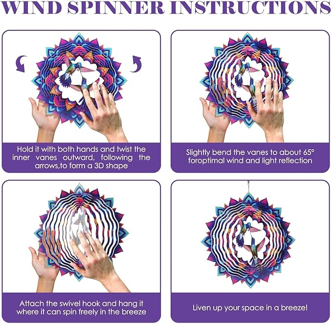 Hummingbird Wind Spinner, 12-Inch 3D Kinetic Metal Hanging Wind Spinners Outdoor, Garden Yard Decorations Indoor Outdoor Decor, Hummingbird Gifts for Women Men Birthday