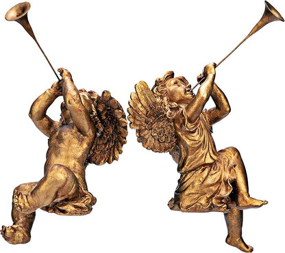 Design Toscano JE930801 Trumpeting Angels of Peter's Square Holiday Statue Ornaments, Set of Two, Boy & Girl, 7 inches Wide, 13 inches Tall, Handcast Polyresin, Antique Gold Finish