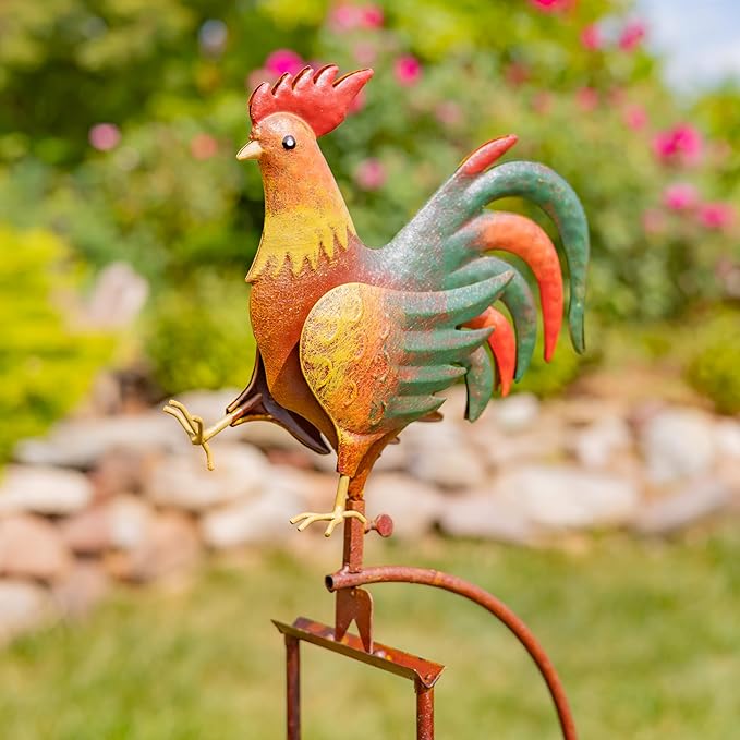 Metal Bird Garden Rocking Stakes with Dual Motion (Rooster)