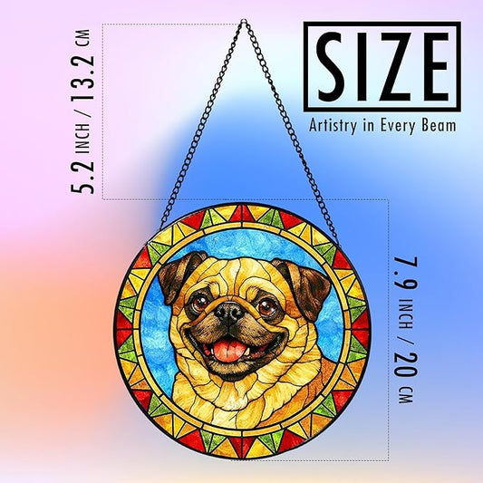 Stained Glass Dog Memorial Suncatcher,Pug Window Hanging,Sympathy Gifts for Pet Loss,7.9 inch/20 cm Home and Garden Decor for Dog Lovers