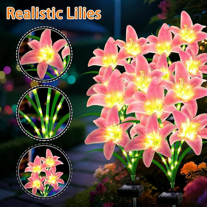 Solar Garden Lights 4 Pack 16 Pink Lily Flowers,Gifts for Mom Woman Birthday Outdoor Solar Flower Lights, Cemetery Flowers for Grave - Decorative Lilies for Yard, Patio, Pathway Decorations
