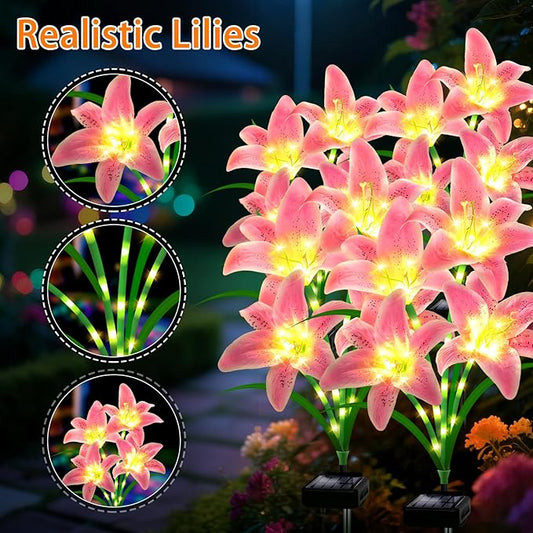 Solar Garden Lights 4 Pack 16 Pink Lily Flowers,Gifts for Mom Woman Birthday Outdoor Solar Flower Lights, Cemetery Flowers for Grave - Decorative Lilies for Yard, Patio, Pathway Decorations
