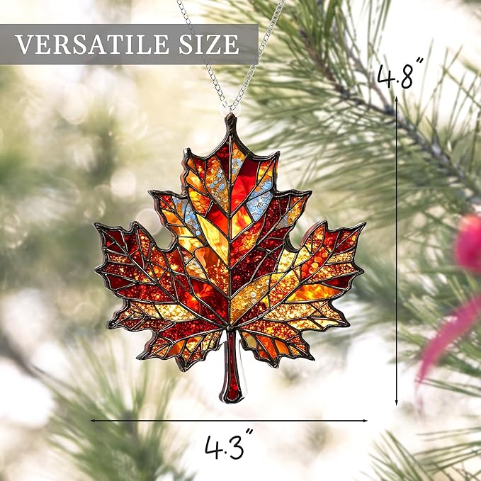 Maple Leaf Suncatcher, Faux Stained Glass Fall Suncatchers for Windows Hanging, Thanksgiving, 2D Acrylic Maple Leaves Fall Ornaments, Xmas Tree Decorations, Autumn Decor (Maples Leaf)