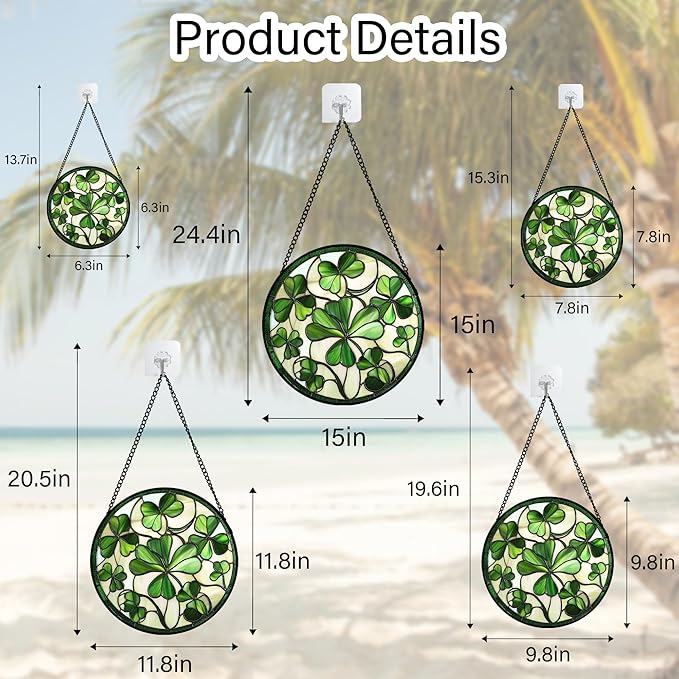 Stained Glass Window Hanging - Ireland Green Lucky Clover Suncatcher for Doors Garden St. Patrick's Day Sun Catchers Decor Mother's Day Birthday for Women Men Mom Nana 7.8 in