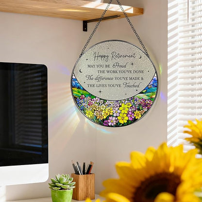 8” Stained Glass Suncatcher Ornament – Floral Retirement Window Hanging Decorations, Retirement Gifts & Retired Gifts for Women, Men, Friends, Coworkers, Teachers - Style I