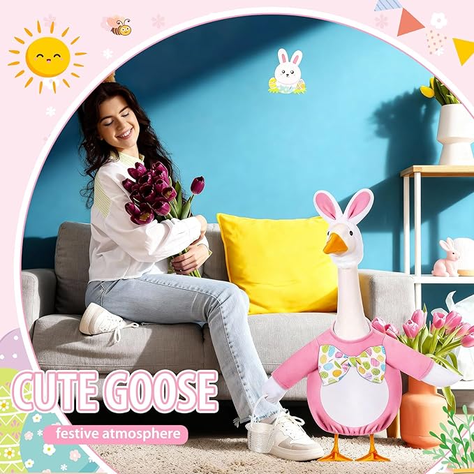 FuWeave Easter Bunny Goose Outfit Easter Egg Porch Goose Costume for Cement Plastic Geese Statue Spring Outdoor Garden Yard Patio Decoration(Light Pink,23 Inches,Cute Bunny)