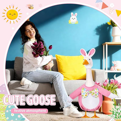 FuWeave Easter Bunny Goose Outfit Easter Egg Porch Goose Costume for Cement Plastic Geese Statue Spring Outdoor Garden Yard Patio Decoration(Light Pink,23 Inches,Cute Bunny)