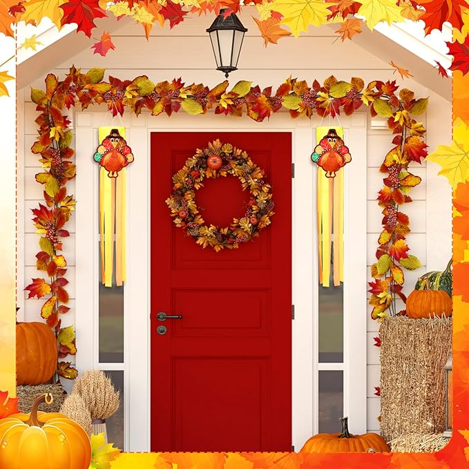 2 Pcs Thanksgiving Turkey Windsocks 40'' Fall Thanksgiving Outdoor Hanging Decoration Vintage Windsock with Pilgrim Hat Colorful Streamer for Autumn Party Farmhouse Window Yard Garden Decor