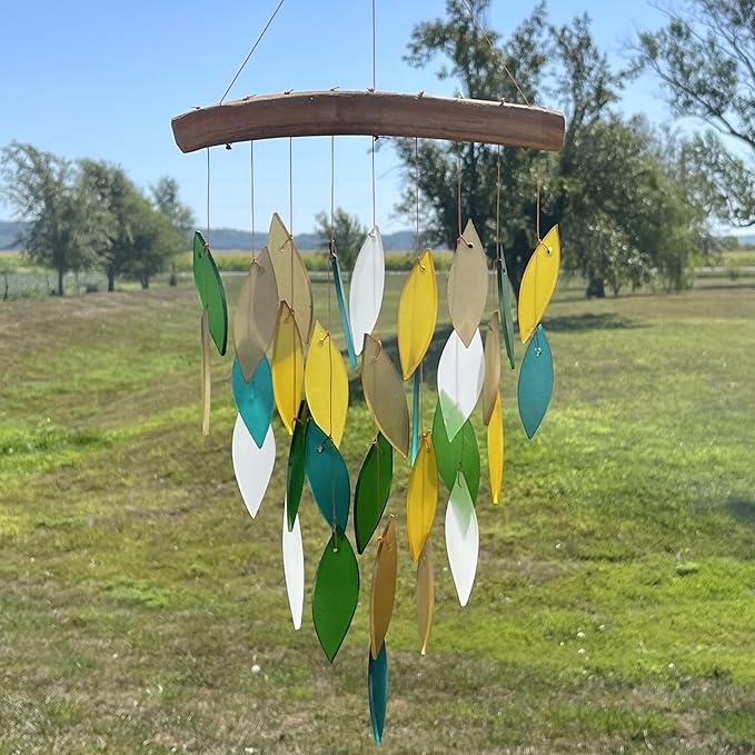 Blue Handworks Rainforest Waterfall Glass and Driftwood Chime, Sandblasted Glass and Found Wood Handcrafted Wind Chime