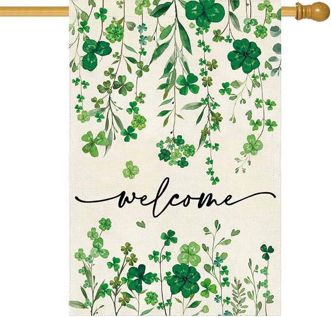 Baccessor St Patrick's Day Welcome House Flag 28 x 40 Inch Vertical Double Sided Green Shamrock Clover Lucky Large Yard Burlap Spring Rustic Happy Saint Patty's Day Irish Outdoor Decoration