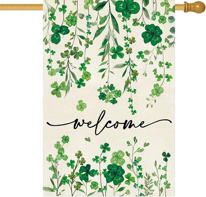 Baccessor St Patrick's Day Welcome House Flag 28 x 40 Inch Vertical Double Sided Green Shamrock Clover Lucky Large Yard Burlap Spring Rustic Happy Saint Patty's Day Irish Outdoor Decoration