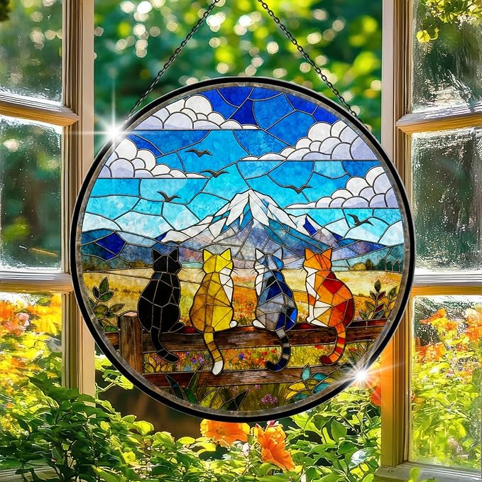 Cats Stained Glass Window Hanging - 4 Cats on a Fence Suncatcher for Window Doors Home Decor - Blue Sky Mountain Sun Catchers - Christmas Mother's Day Birthday Gifts for Mom Women Men, 7.9in