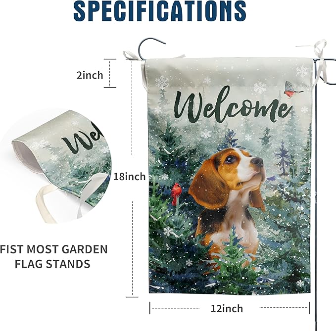 Welcome Winter Garden Flags Beagle Garden Flag Cardinal Birds on Snowy Pine Tree Flag Dog Yard Flags for Outside 12x18 Double Sided Christmas Decorative