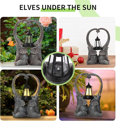 Elephant Statue Garden Decor with LED Solar Lights-Set of 2 Good Luck Elephant Outdoor Statue Christmas Decorations for Yard Patio Porch Home for Women Mom Grandma