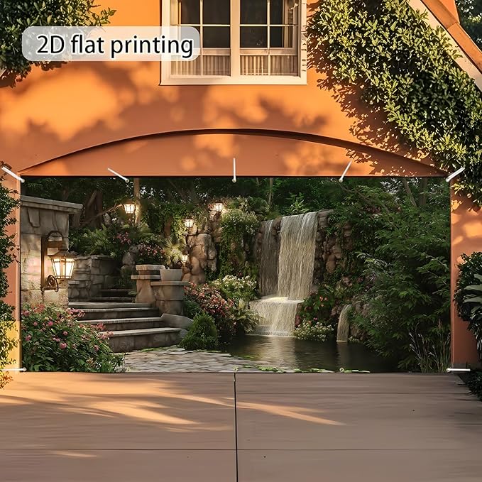 Garage door banner cover, 6x13 ft beautiful garden scene with flowers and waterfalls background, Large Outdoor Backyard Landscape Decoration (Garden Waterfall)