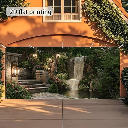 Garage door banner cover, 6x13 ft beautiful garden scene with flowers and waterfalls background, Large Outdoor Backyard Landscape Decoration (Garden Waterfall)