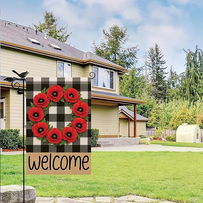 Buffalo Plaid Welcome Wreath Garden Flag Red Poppy Flower Flag 12x18 Double Sided Tropical Yard Flowers Floral Decor for Spring Summer Fall Outdoor Porch Patio Lawn Farmhouse