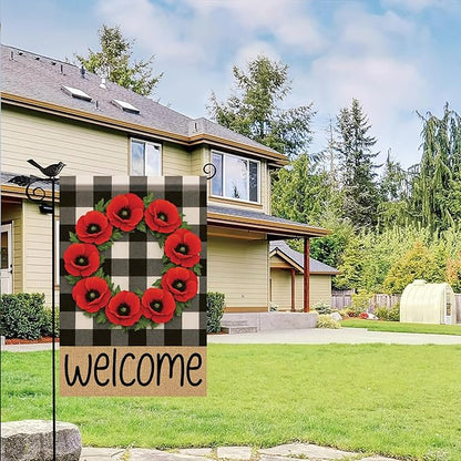 Buffalo Plaid Welcome Wreath Garden Flag Red Poppy Flower Flag 12x18 Double Sided Tropical Yard Flowers Floral Decor for Spring Summer Fall Outdoor Porch Patio Lawn Farmhouse