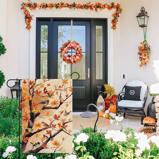 Fall Birds Garden Flag 12x18 Inch Double Sided Autumn Maple Tree Leaves for Welcome Seasonal Holiday Outside Yard Flag Outdoor Decoration