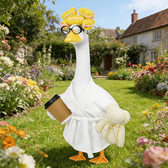 Lady Porch Goose Outfits,Bathrobe Porch Goose Statue Costume with Curlers Reading Glasses Coffee Cup Towel, Cute Goose Clothes for 23-Inch Cement Statue, Lawn Yard Garden Patio Decor(White)