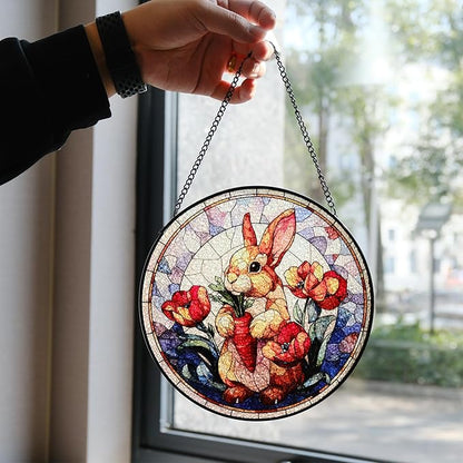 7.88'' Stained Glass Window Hanging, Colorful Rabbit Sun Catchers Glass Panel Flowers Bunny Suncatcher Decor with Hook Chain for Mother's Day Birthday for Women, Men, Wife, Aunt, and Mom