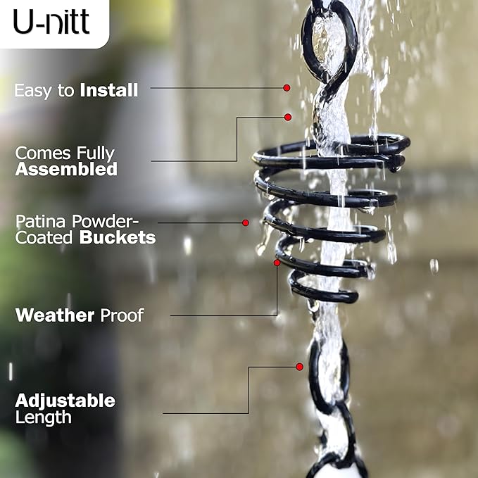 U-nitt Rain Chain Water Collection for Gutters Rainwater Catcher & Diverter, 8.5 FT Chains for Outside Garden, Black Bird Nest Cups, Roof Downspout, Works with Heavy Rain, Gutter Clip for Rainchains
