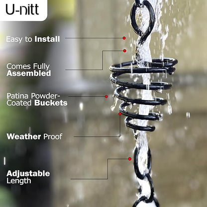 U-nitt Rain Chain Water Collection for Gutters Rainwater Catcher & Diverter, 8.5 FT Chains for Outside Garden, Black Bird Nest Cups, Roof Downspout, Works with Heavy Rain, Gutter Clip for Rainchains